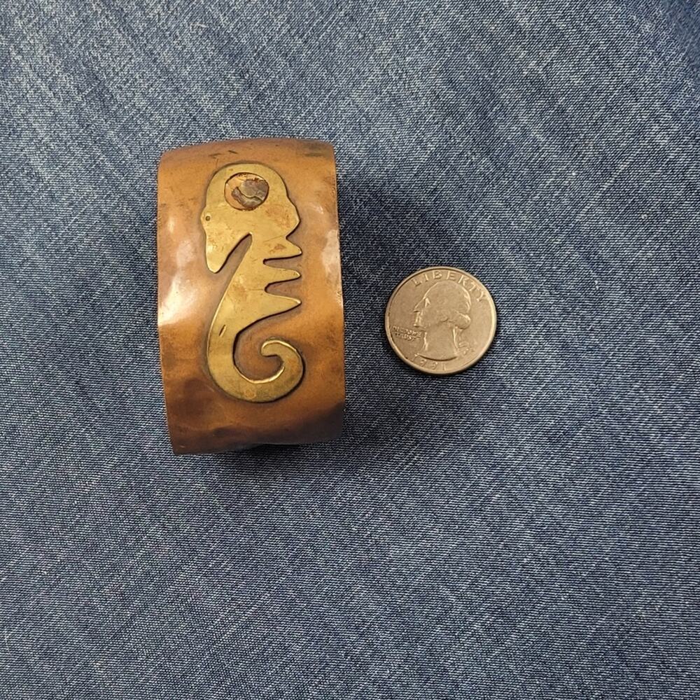 Primitive Seahorse Copper, Brass & Abalone Cuff Bracelet - Picture 7 of 8